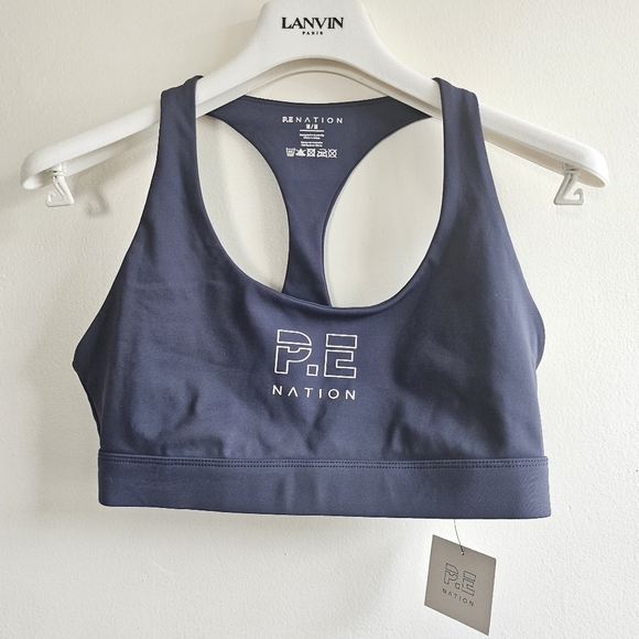 New P.E Nation Logo Scoopneck Racerback Dark Grey Sports Bra NWT Medium - Picture 1 of 7